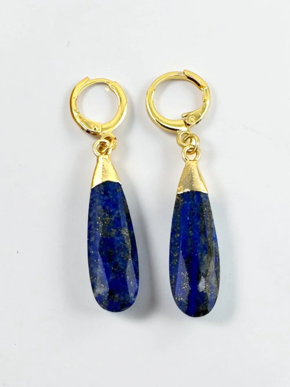Lapis Lazuli Earrings 18K Gold Filled Hoops Faceted Blue Gemstone Drops - Picture 8 of 10